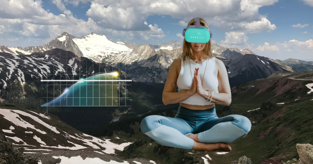 Woman meditating with VR headset and neurofeedback chart