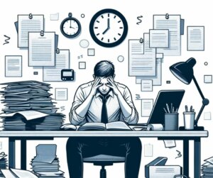 Graphic of man at work feeling tired from stress